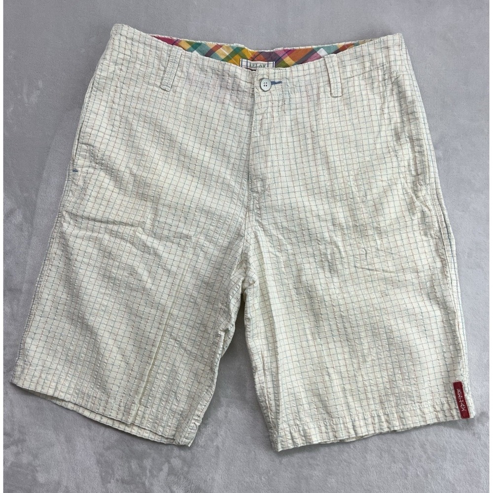 Vintage Tommy Bahama Relax Short Men 34 Light Cream Plaid Seersucker Outdoors